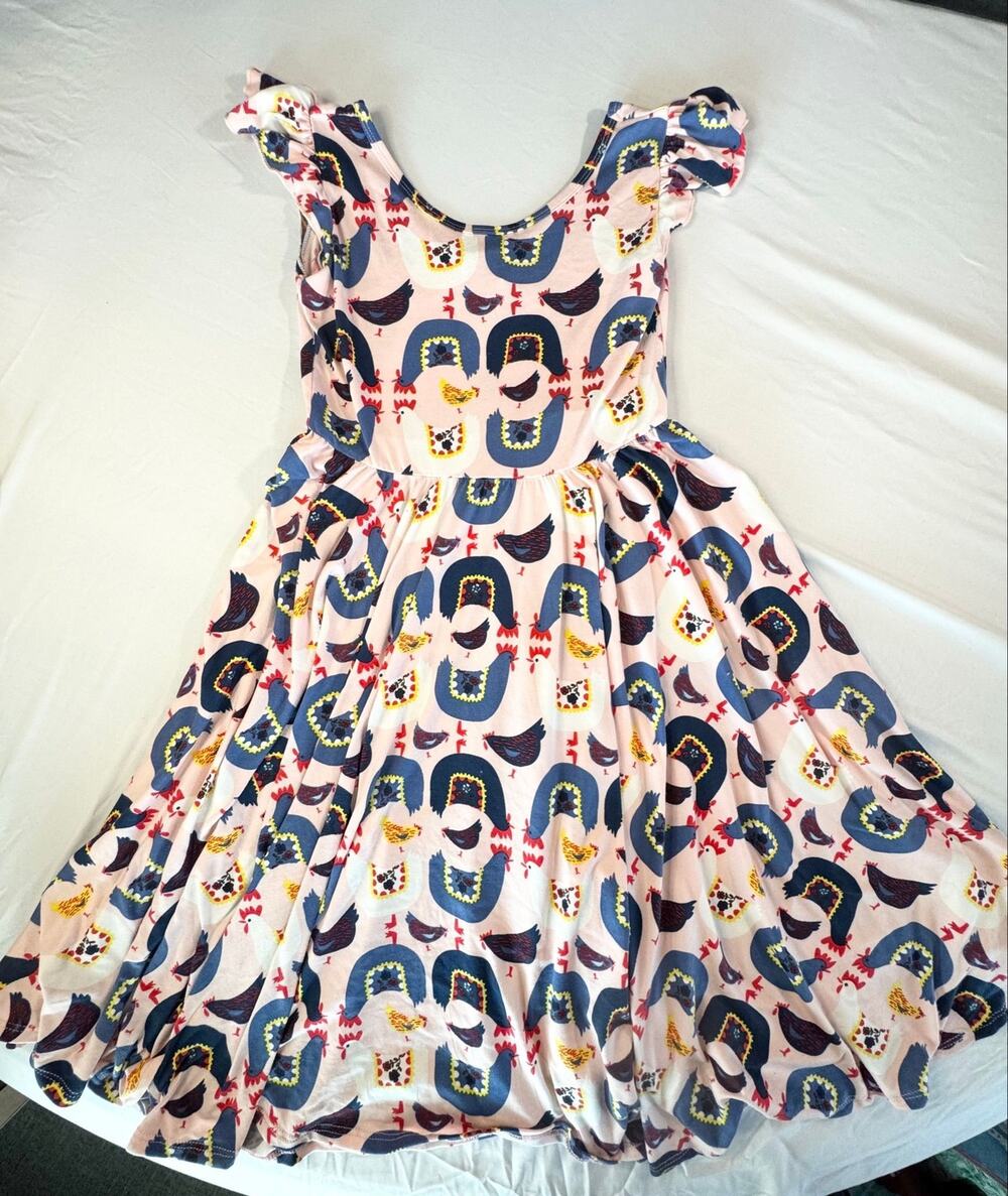 Dot Dot Smile Dress Size 11 Pink Flutter Sleeve Twirl Chicken Rooster Farm